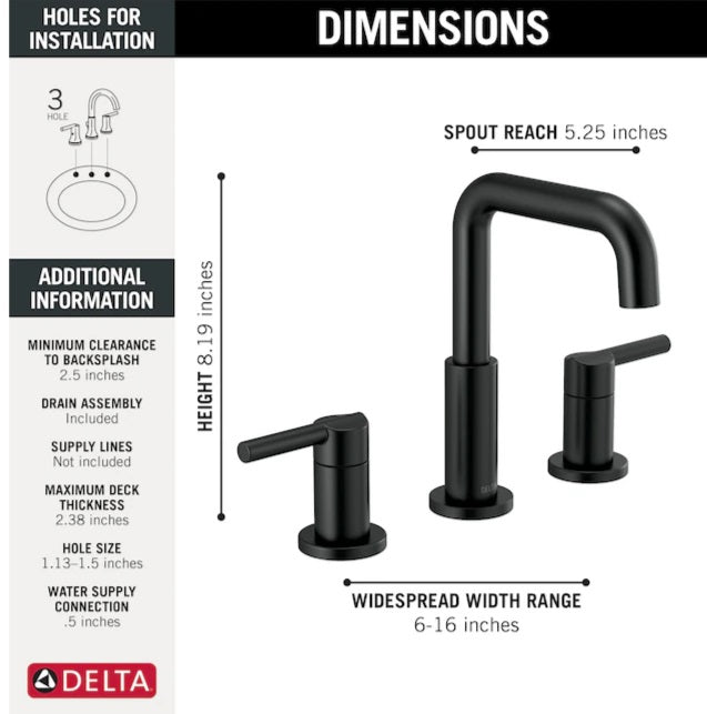 Delta Nicoli Matte Black Widespread 2-handle WaterSense Bathroom Sink Faucet with Drain